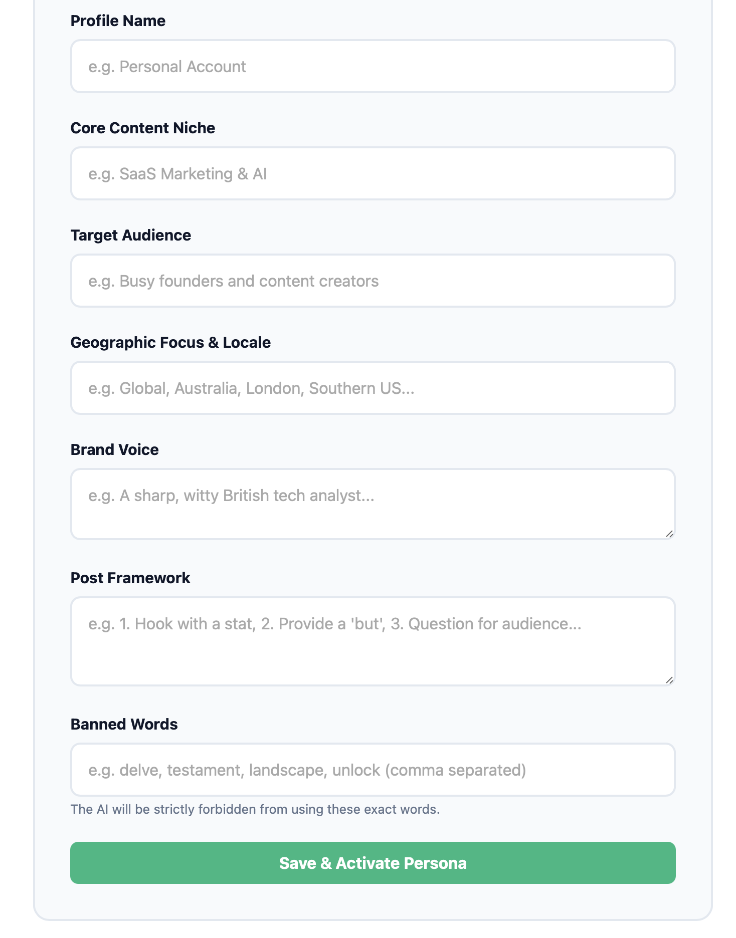 ThredOps Persona Builder — define Brand Voice, Post Framework, Target Audience and Banned Words for complete AI content control