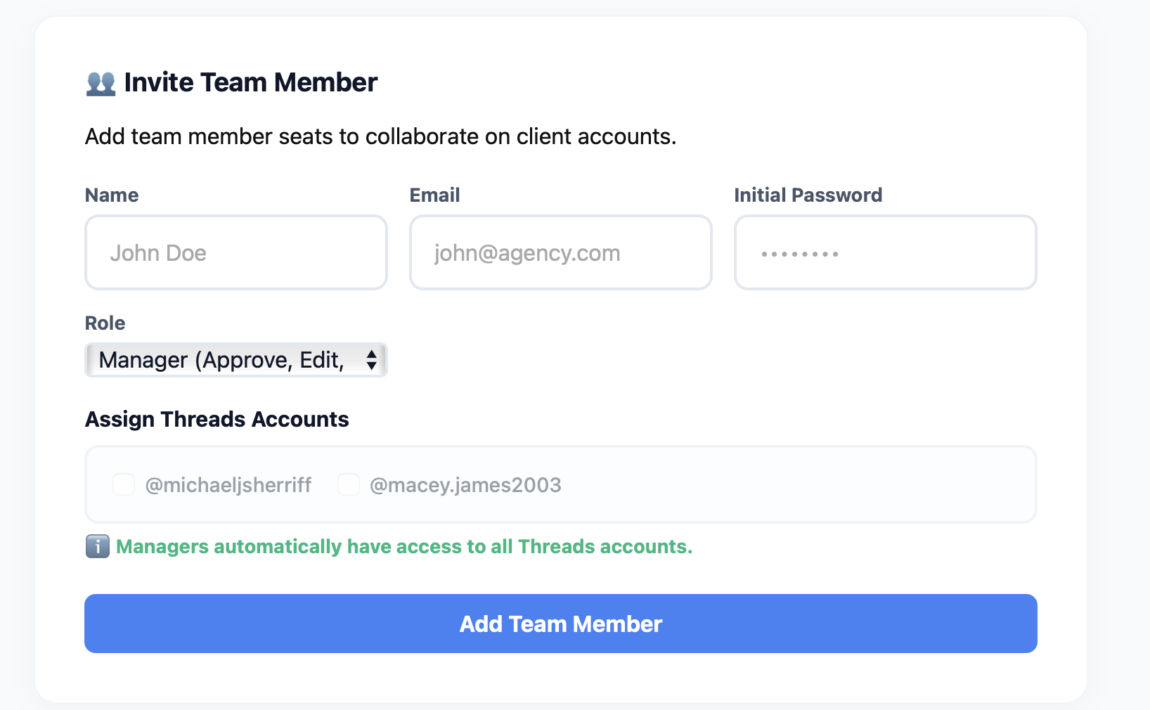 ThredOps Team Seats — role-based access control with scoped client account assignment